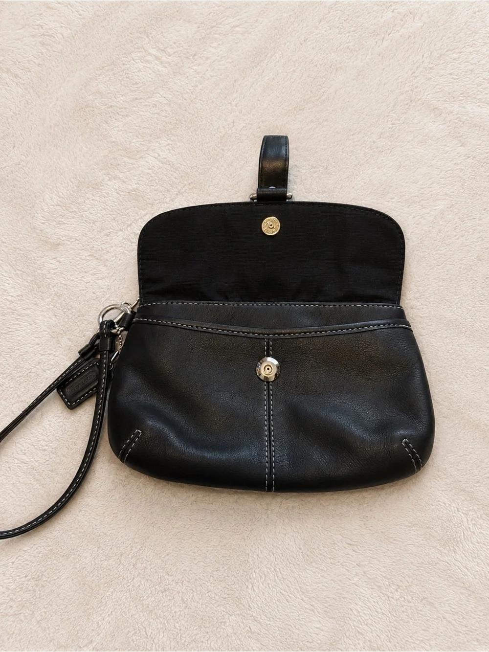 Coach Black Leather Wristlet Clutch with Silver Buckle